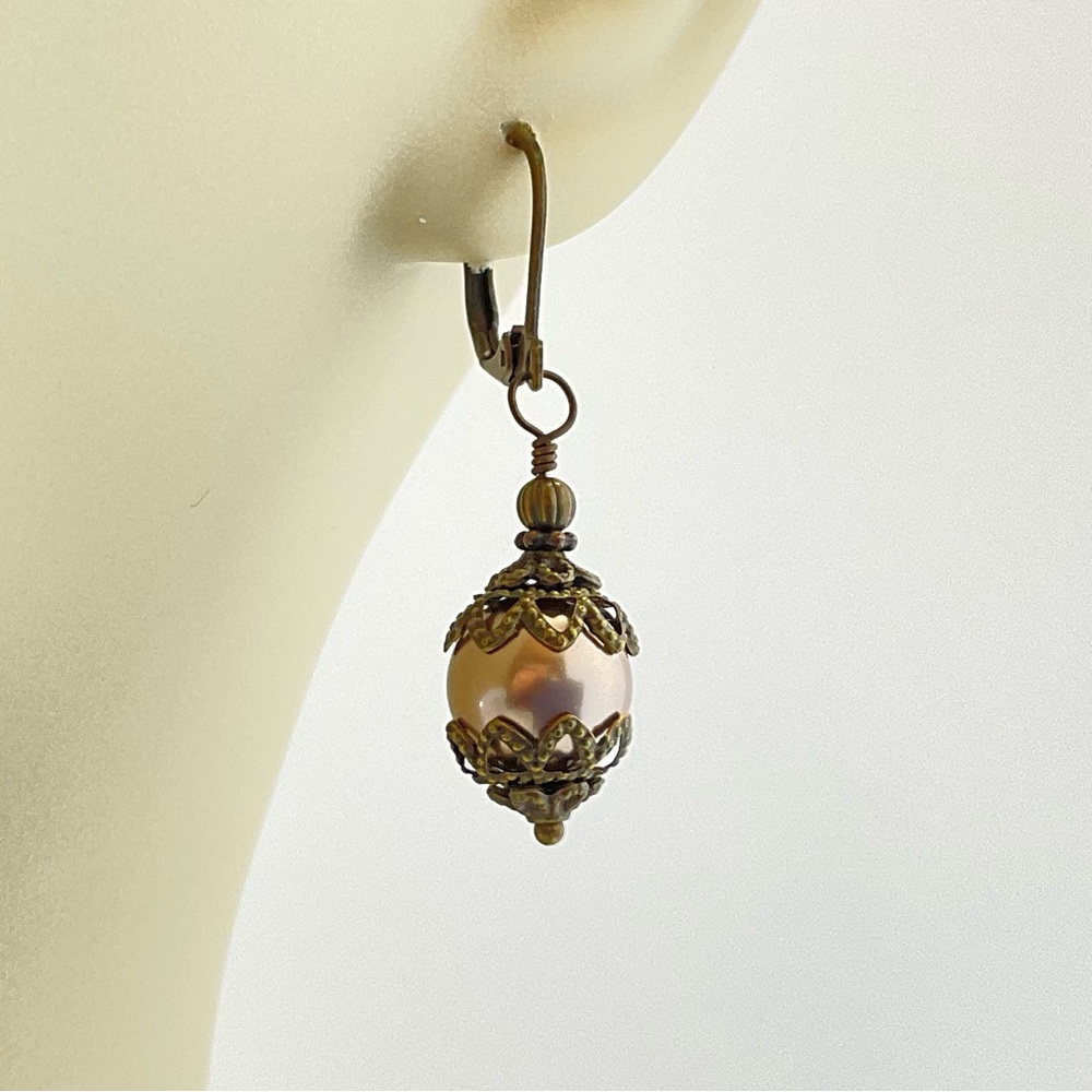 Handmade, Swarovski Crystal Pearl Earrings, Beige, Filigree, Gothic Medieval